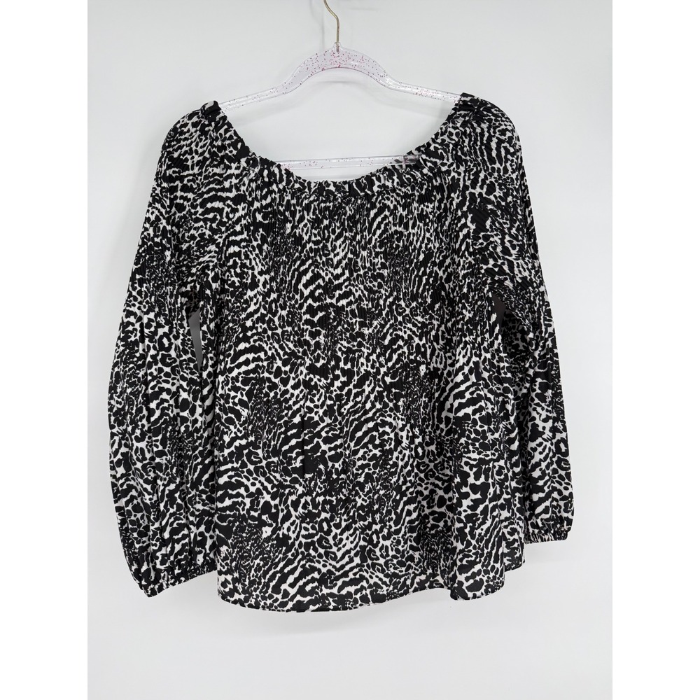 Michael Kors Womens Black White Animal Print Smocked Off Shoulder Blouse Sz M
